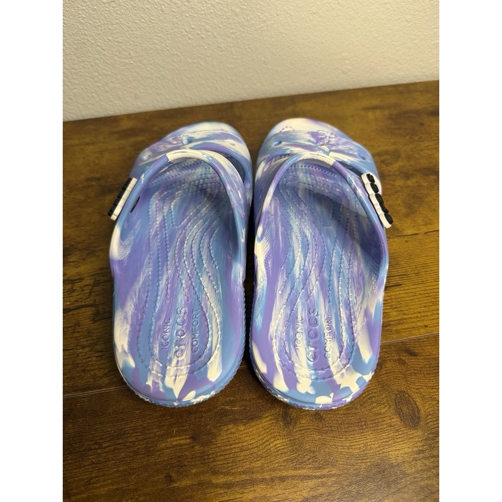 Crocs Sandals Women's 7 Men's  5 Purple Blue and White Tie Dye Two Straps - Picture 3 of 4